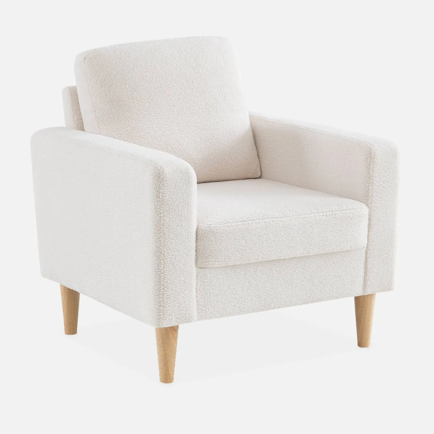 Fauteuil van boucléstof met houten poten