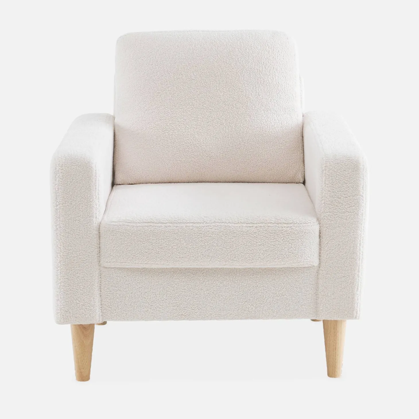 Fauteuil van boucléstof met houten poten