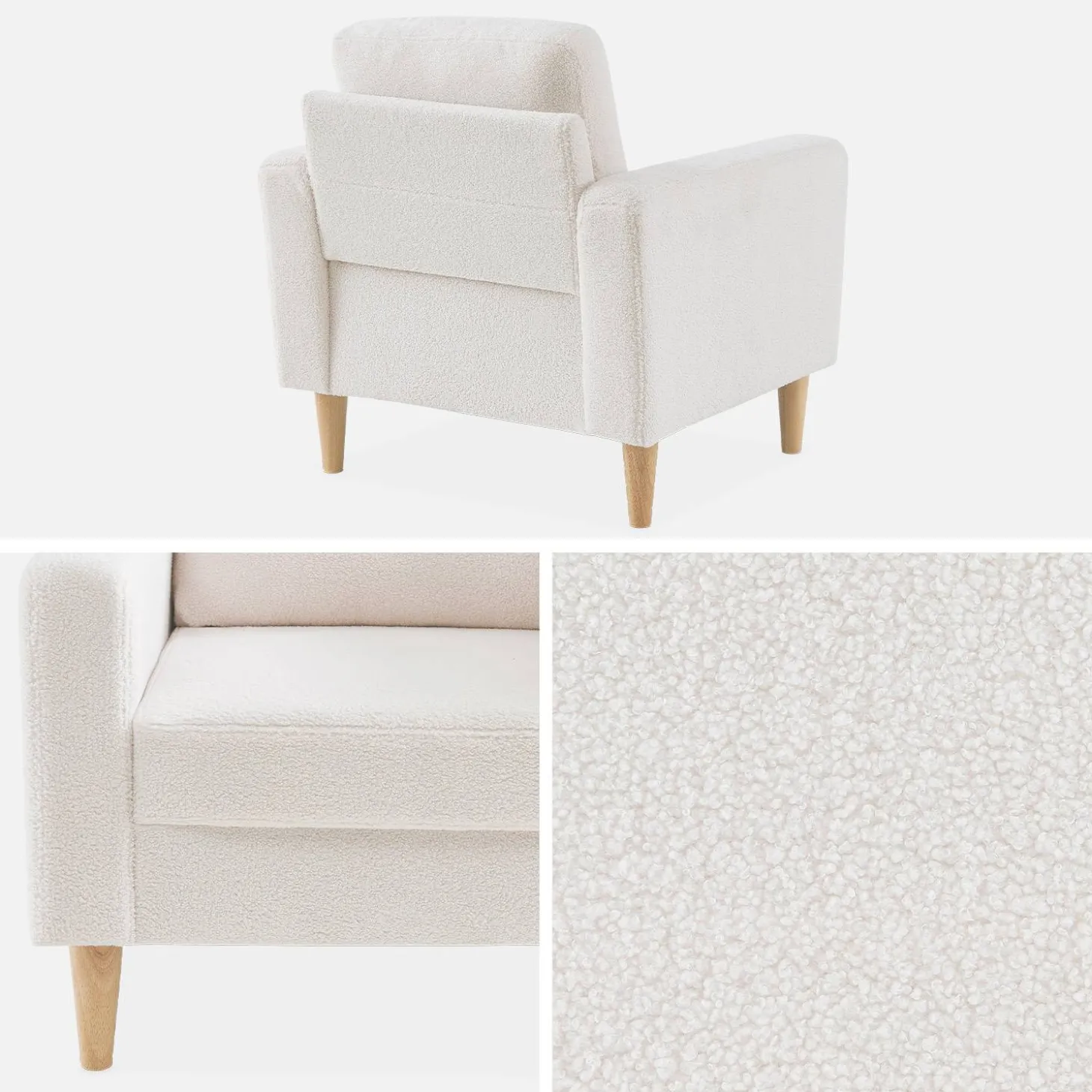 Fauteuil van boucléstof met houten poten