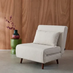 Fauteuil van chenille stof met slaapfunctie houten poten