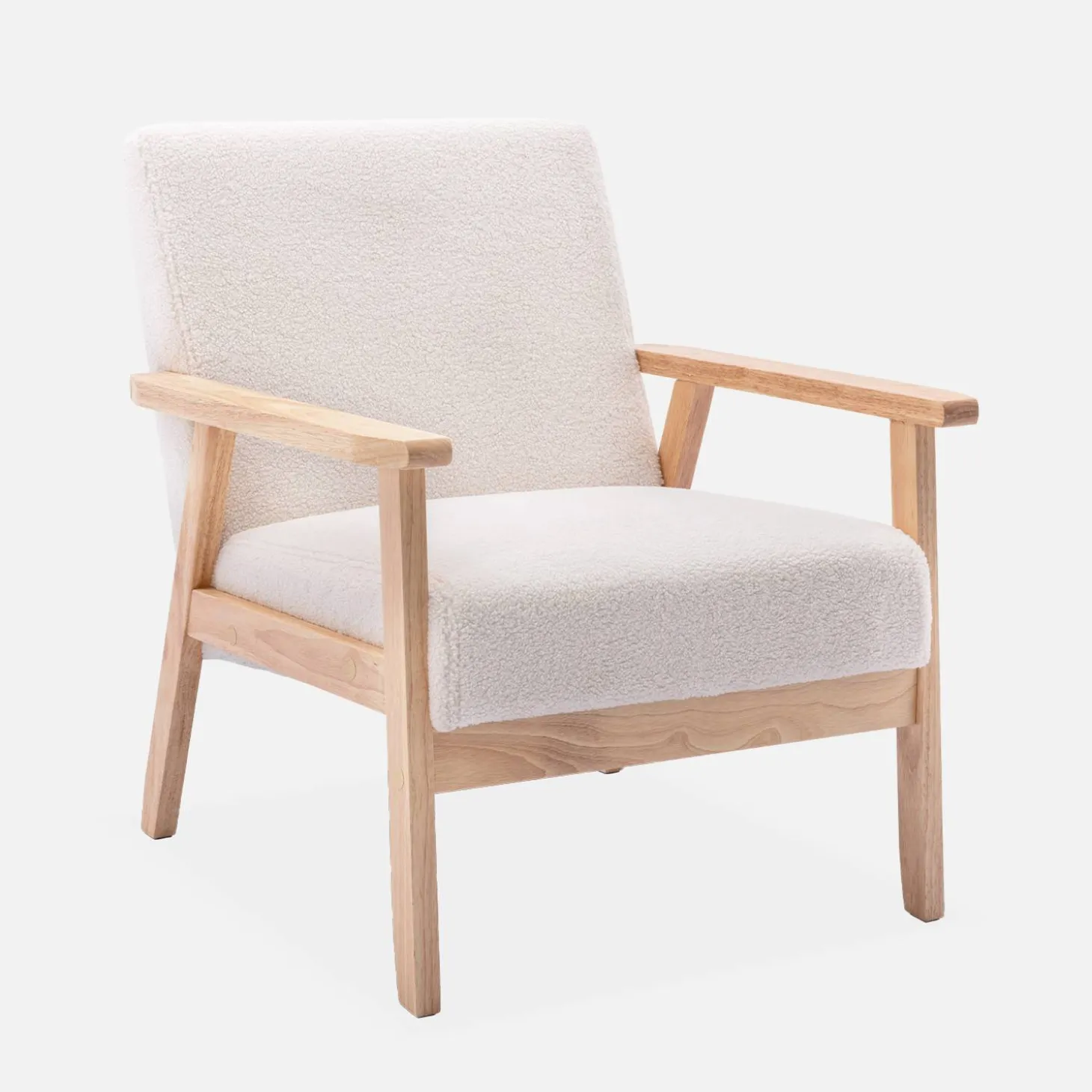 Fauteuil van hout met bouclé zitting
