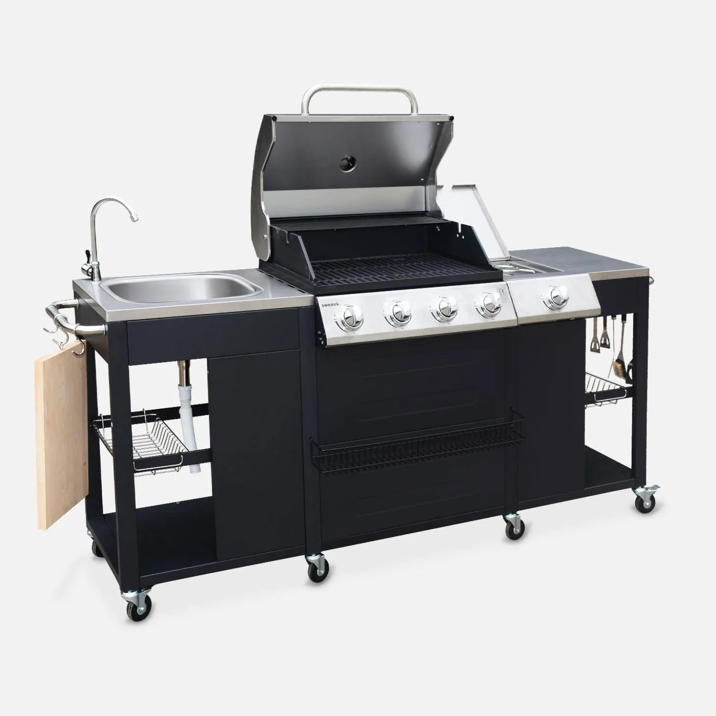 Gasbarbecue 4 branders + 1 zijbrander, buitenkeuken met gootsteen en hoes