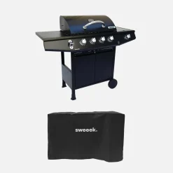Gasbarbecue 4 branders + 1 zijbrander met 2 deuren, 2 wielen en hoes