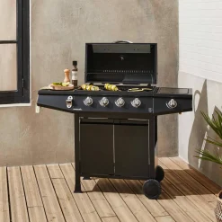 Gasbarbecue 4 branders + 1 zijbrander met 2 deuren, 2 wielen en hoes