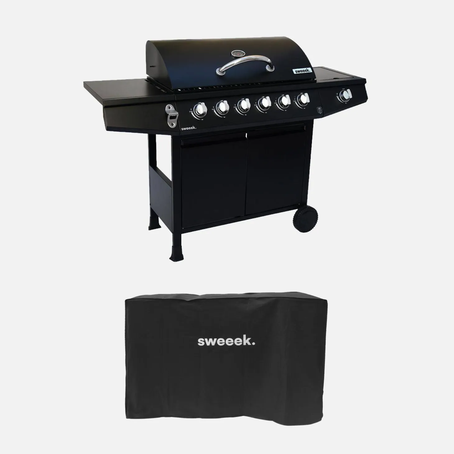 Gasbarbecue 6 branders + 1 zijbrander met 2 wielen en hoes