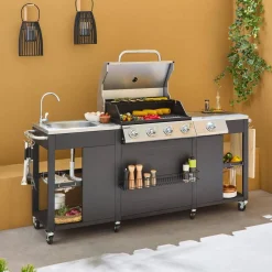 Gasbarbecue met 4 branders + 1 zijbrander met accessoires en gootsteen