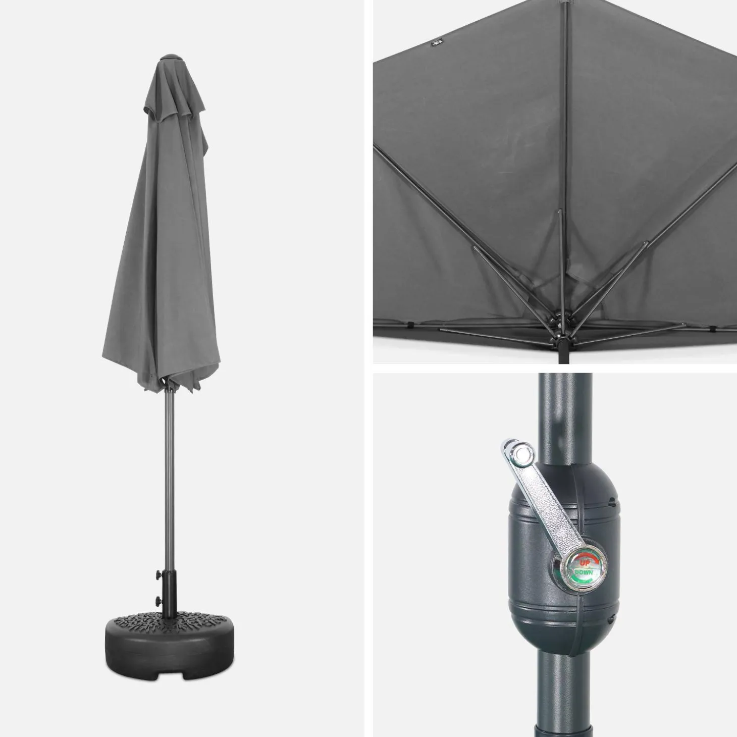 Halve parasol voor balkon 2,5m met centrale mast