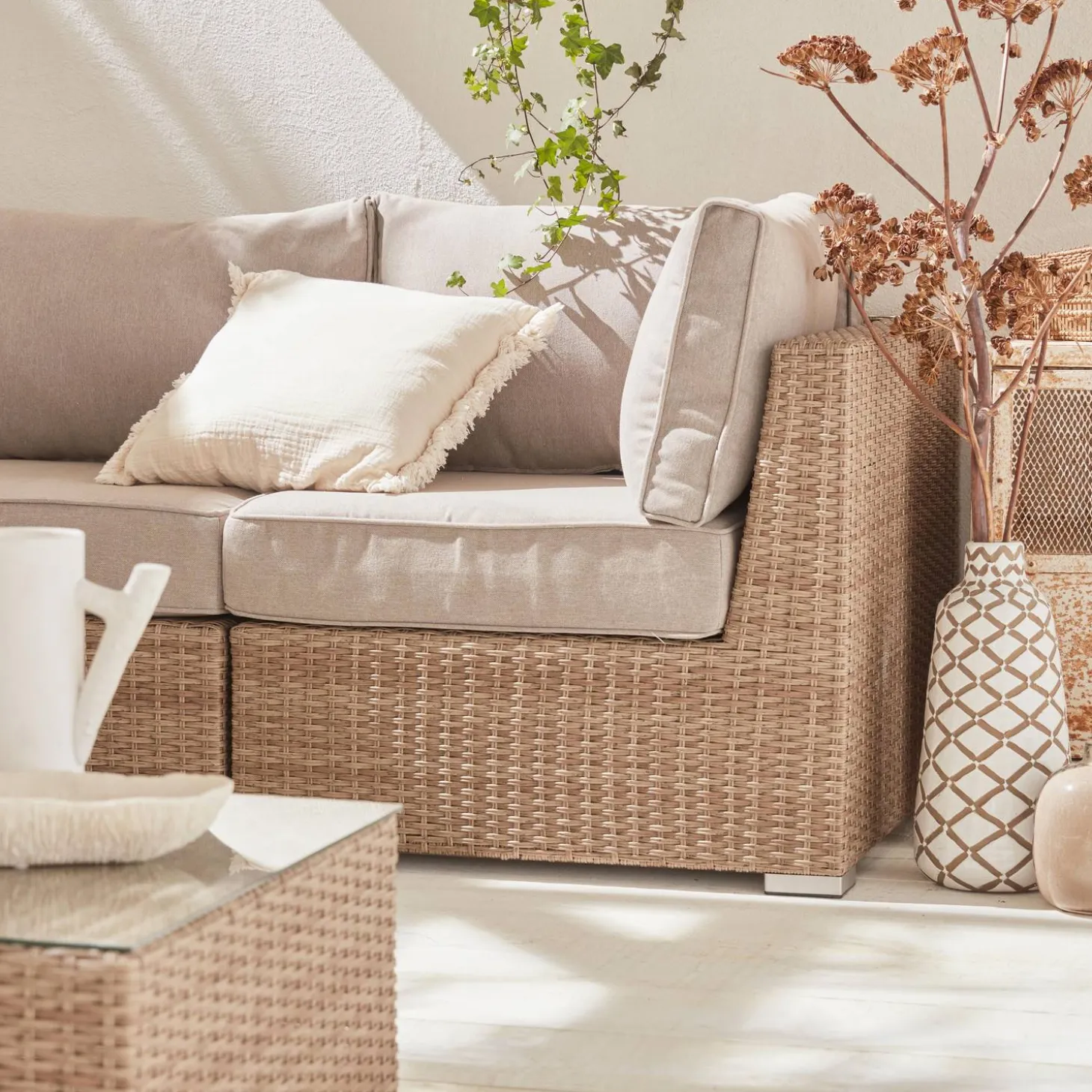Hoek loungeset 5 plaatsen, rond wicker