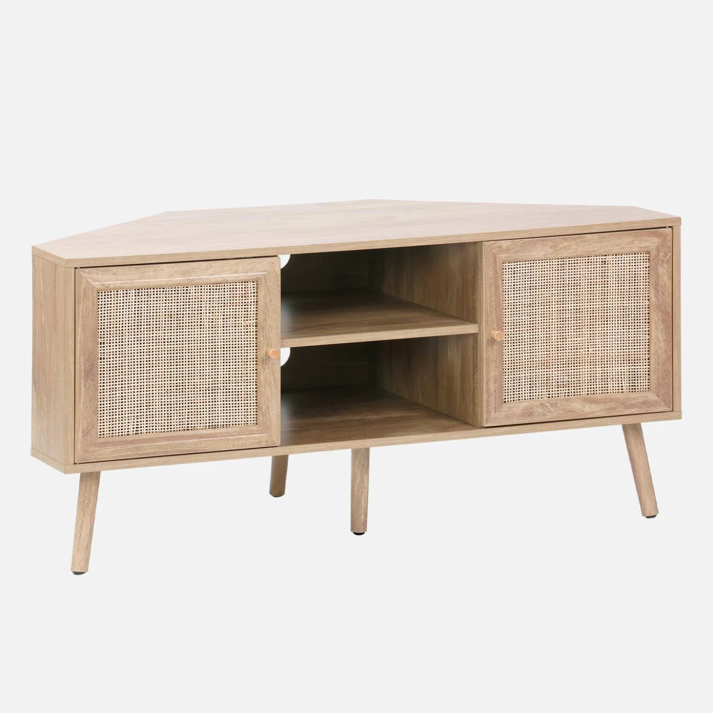 Hoek-TV-meubel in houtdecor en rotan, 2 deuren, 1 plank, 115 cm