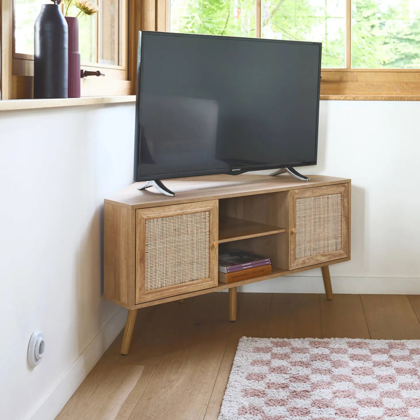 Hoek-TV-meubel in houtdecor en rotan, 2 deuren, 1 plank, 115 cm