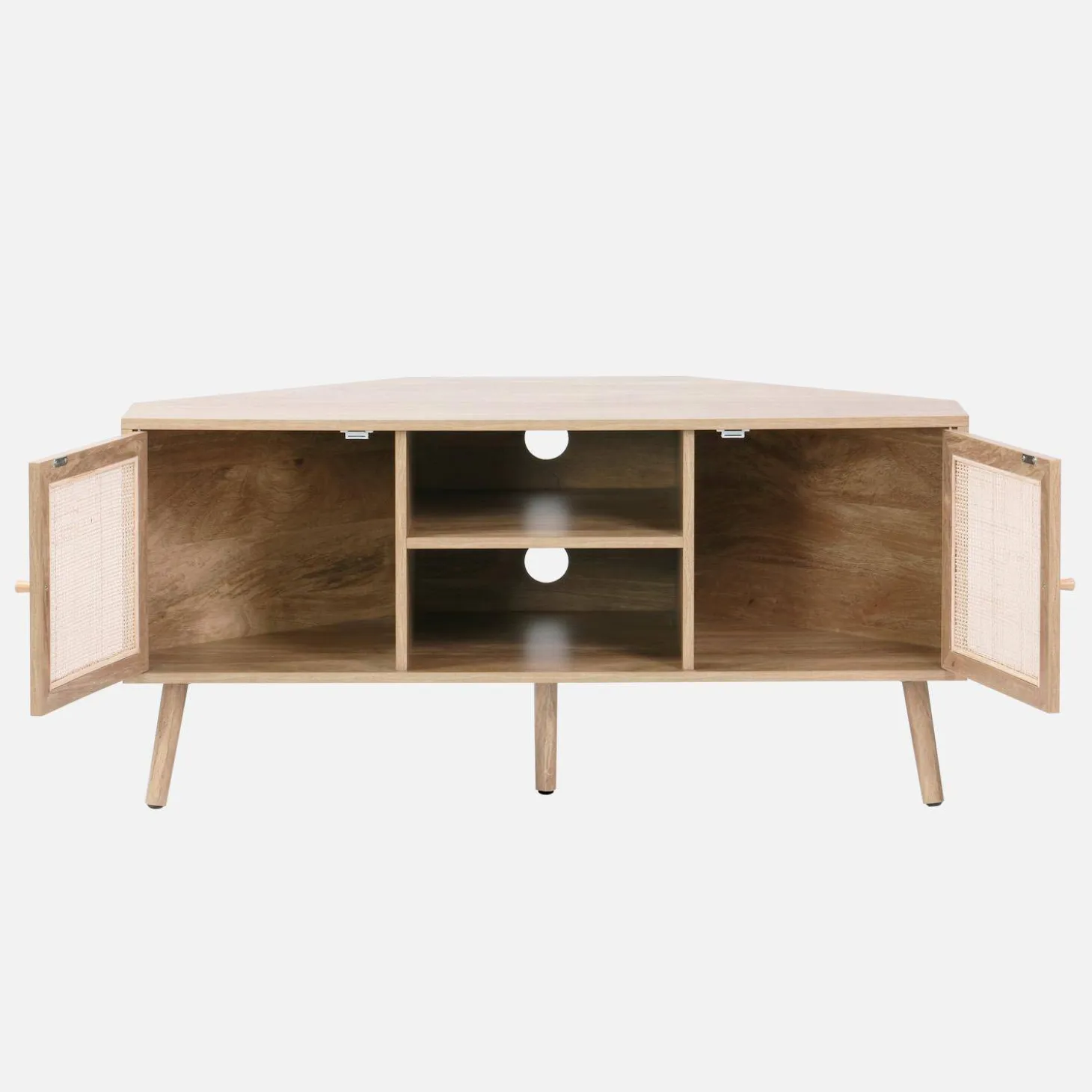 Hoek-TV-meubel in houtdecor en rotan, 2 deuren, 1 plank, 115 cm
