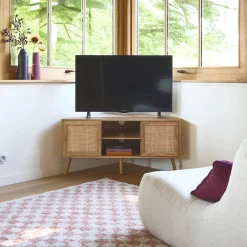 Hoek-TV-meubel in houtdecor en rotan, 2 deuren, 1 plank, 115 cm