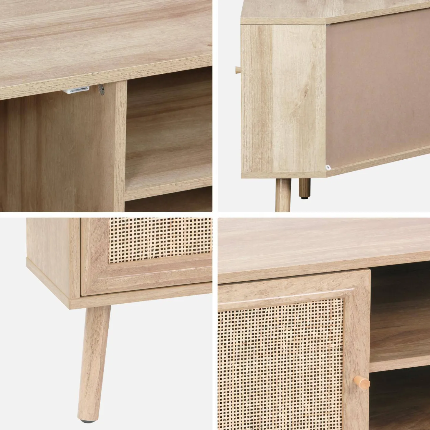 Hoek-TV-meubel in houtdecor en rotan, 2 deuren, 1 plank, 115 cm