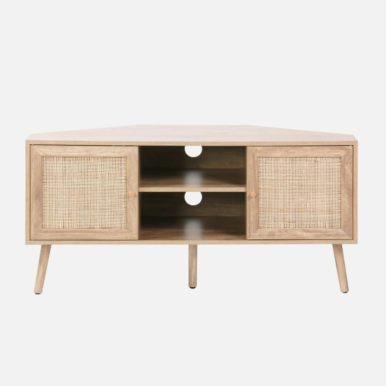 Hoek-TV-meubel in houtdecor en rotan, 2 deuren, 1 plank, 115 cm