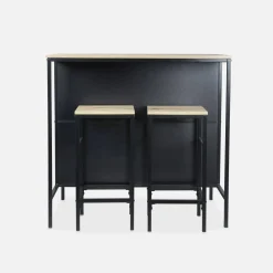 Hoge tafel van hout en metaal, 2 planken, 2 krukjes