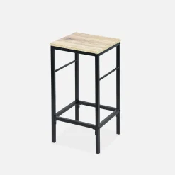 Hoge tafel van hout en metaal, 2 planken, 2 krukjes