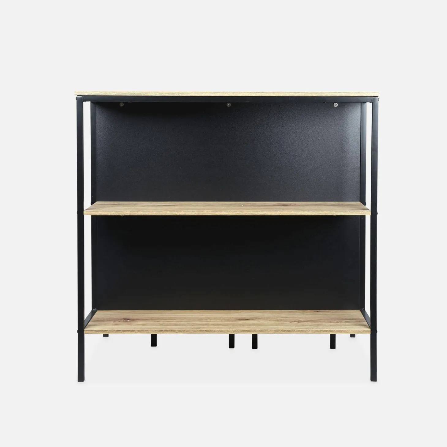 Hoge tafel van hout en metaal, 2 planken, 2 krukjes