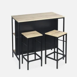 Hoge tafel van hout en metaal, 2 planken, 2 krukjes