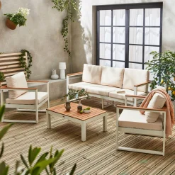 Houten en aluminium loungeset voor 5 personen