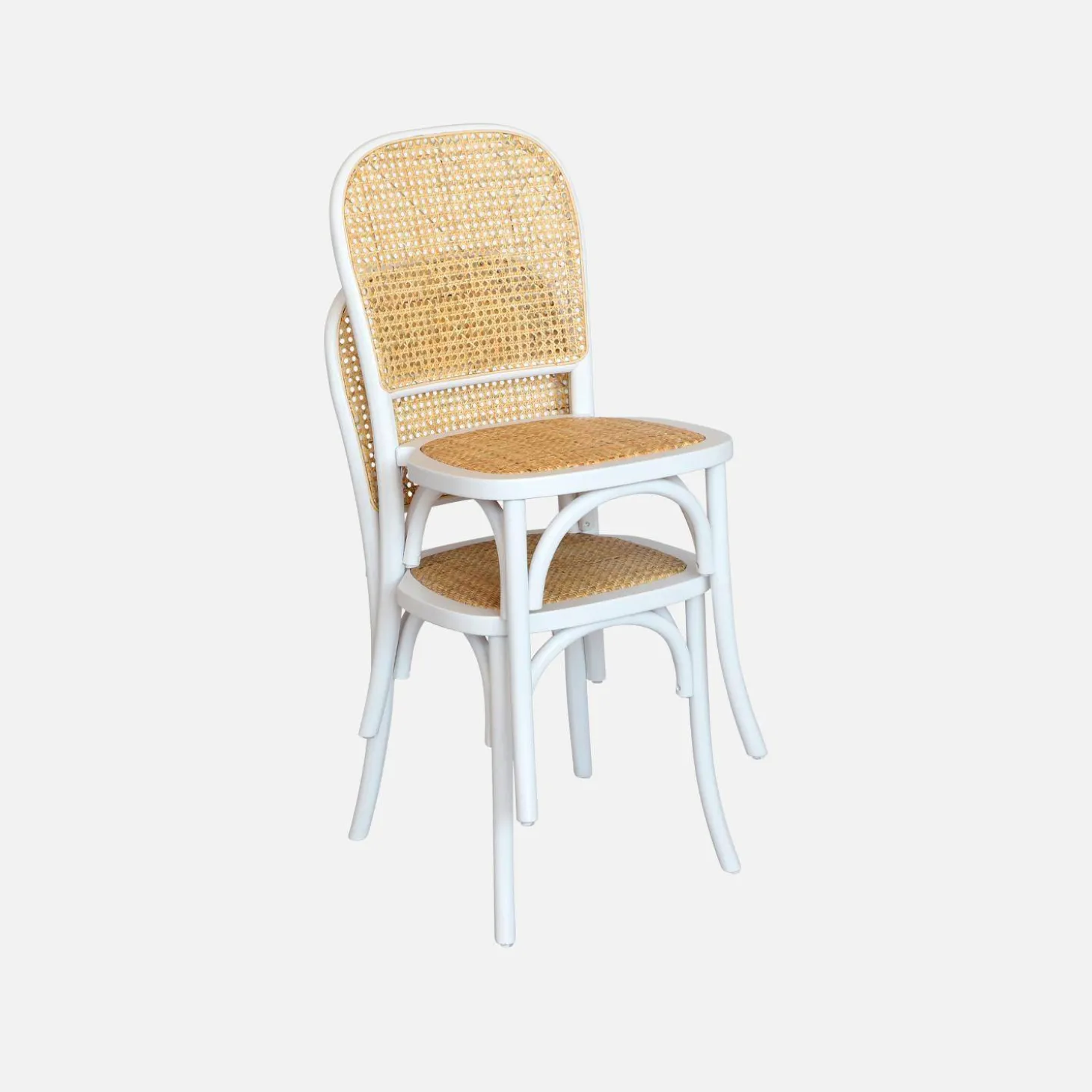 Houten en rotan vintage stoelen (set van 4)
