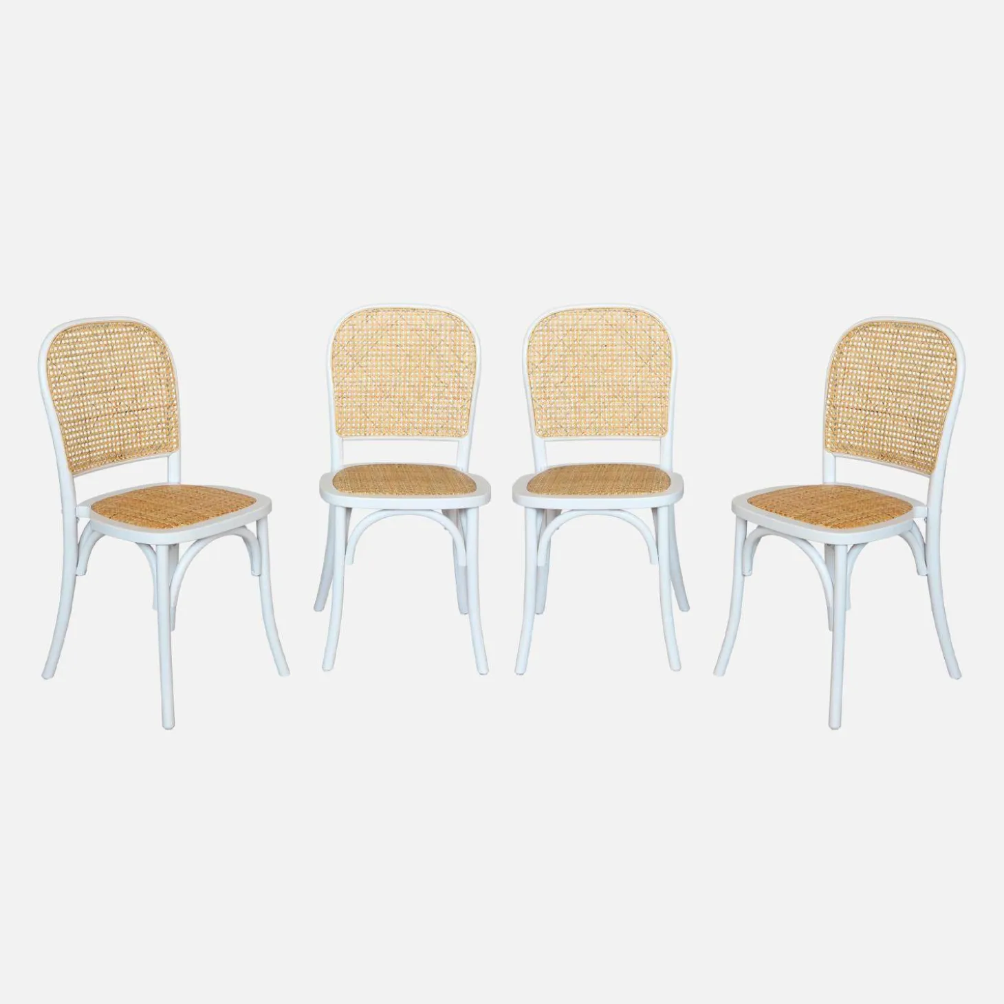 Houten en rotan vintage stoelen (set van 4)