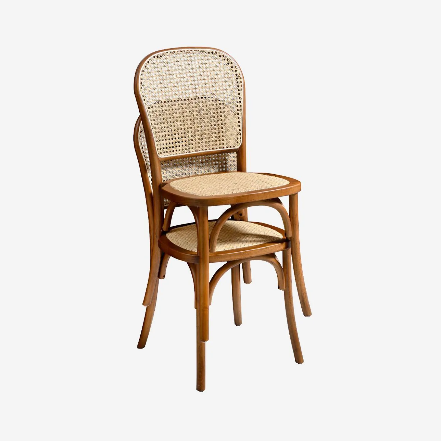 Houten en rotan vintage stoelen (set van 4)