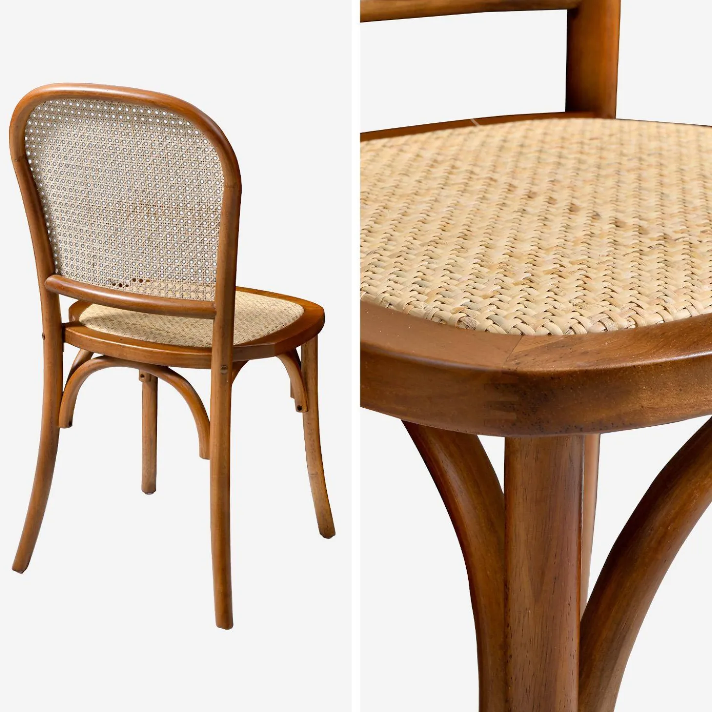 Houten en rotan vintage stoelen (set van 4)