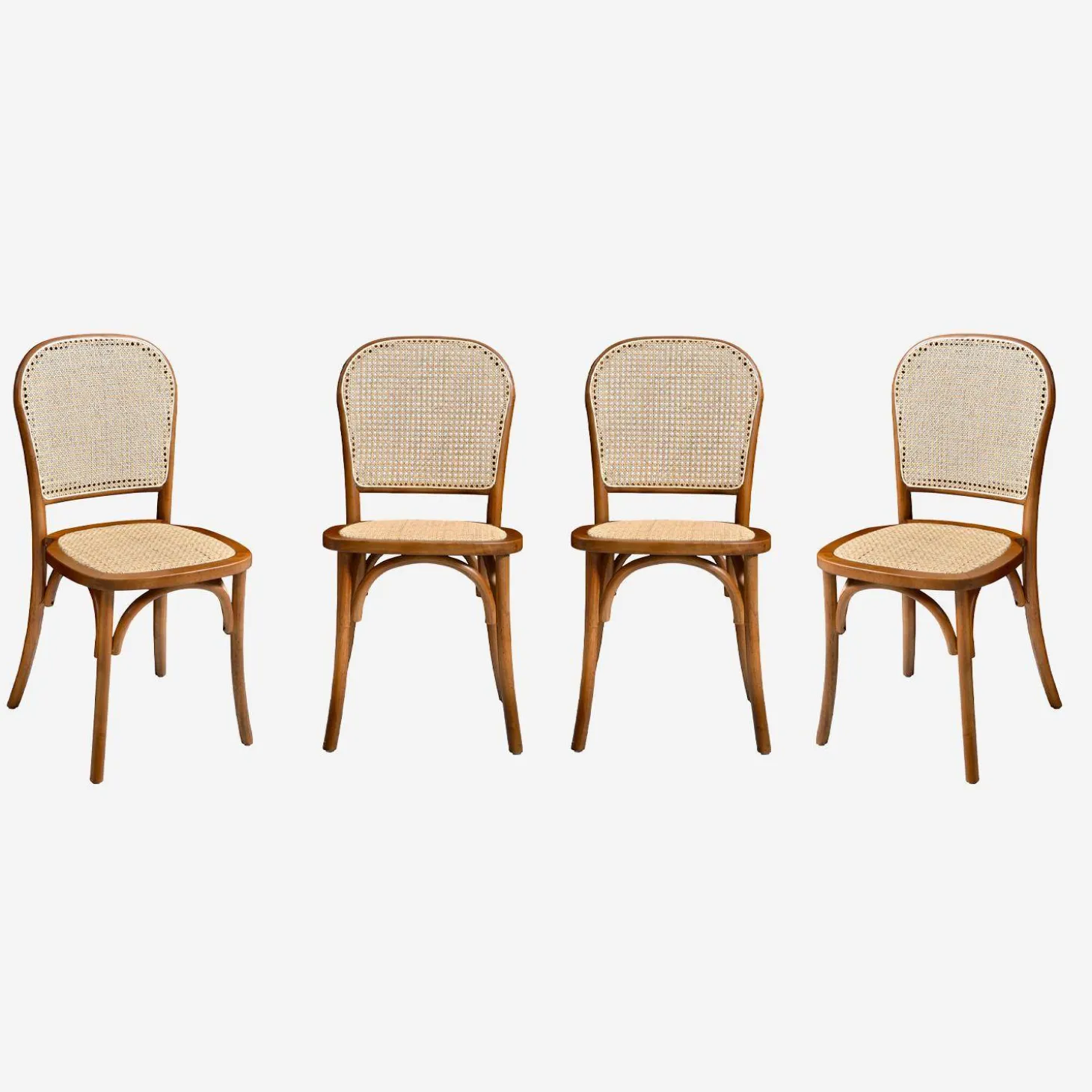 Houten en rotan vintage stoelen (set van 4)