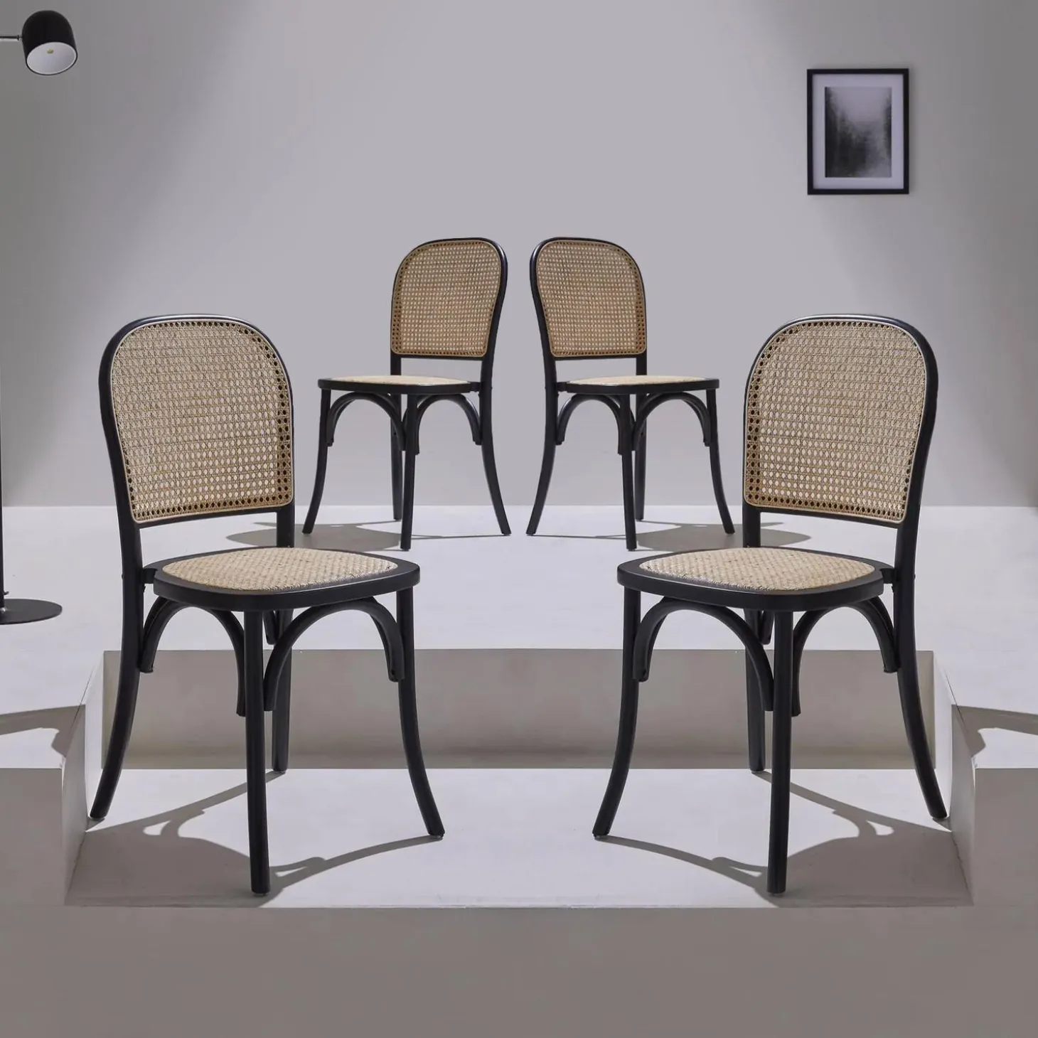 Houten en rotan vintage stoelen (set van 4)