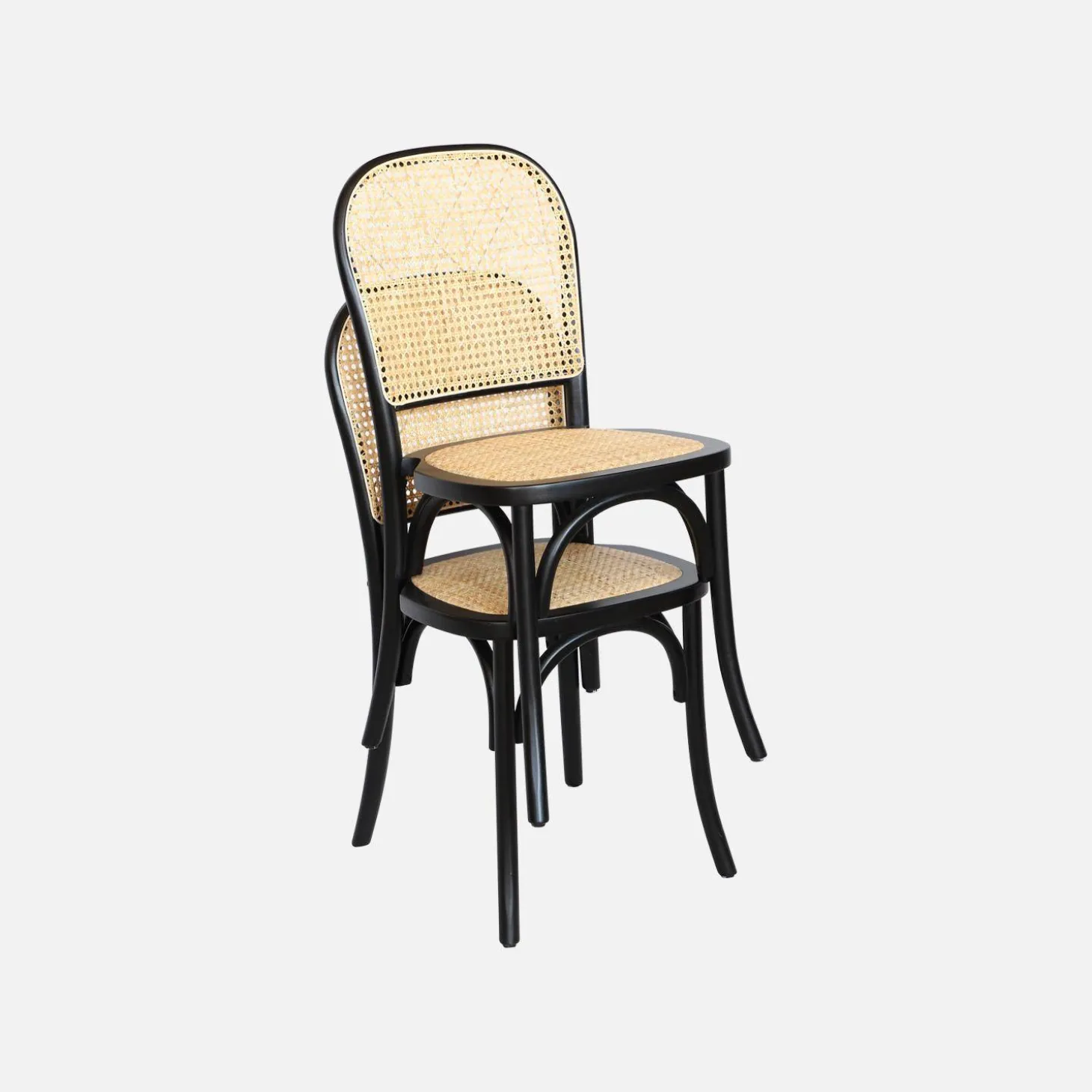 Houten en rotan vintage stoelen (set van 4)
