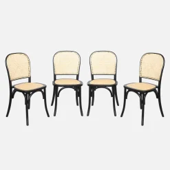 Houten en rotan vintage stoelen (set van 4)
