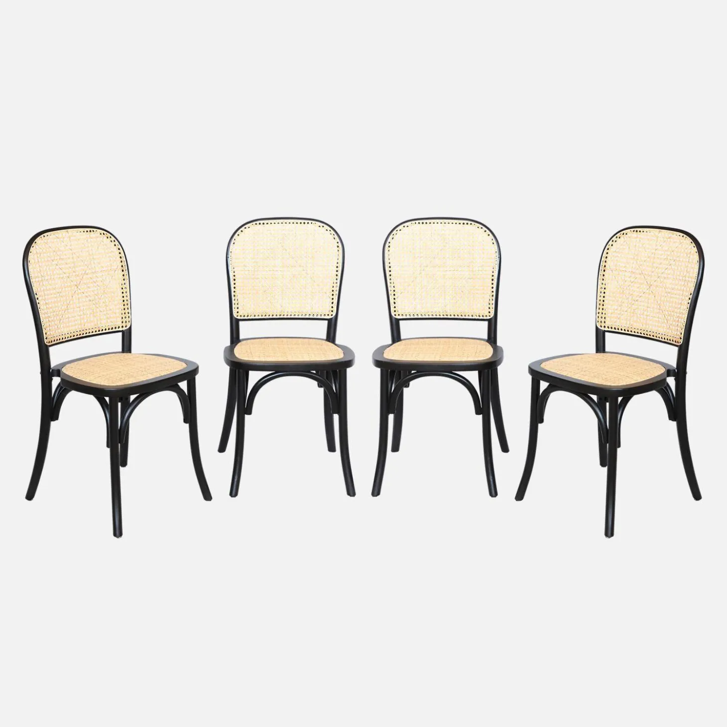Houten en rotan vintage stoelen (set van 4)