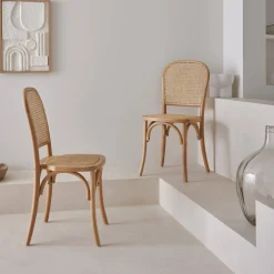Houten en rotan vintage stoelen (set van 2)
