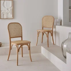 Houten en rotan vintage stoelen (set van 2)