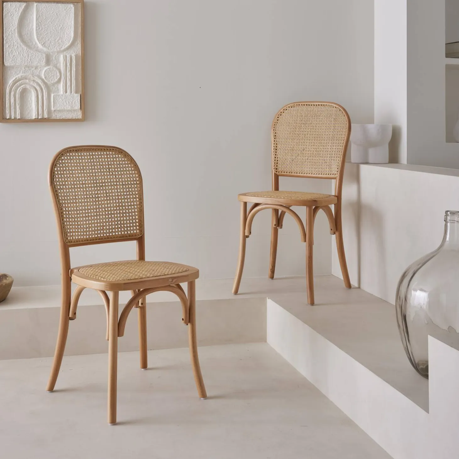 Houten en rotan vintage stoelen (set van 2)