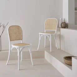 Houten en rotan vintage stoelen (set van 2)