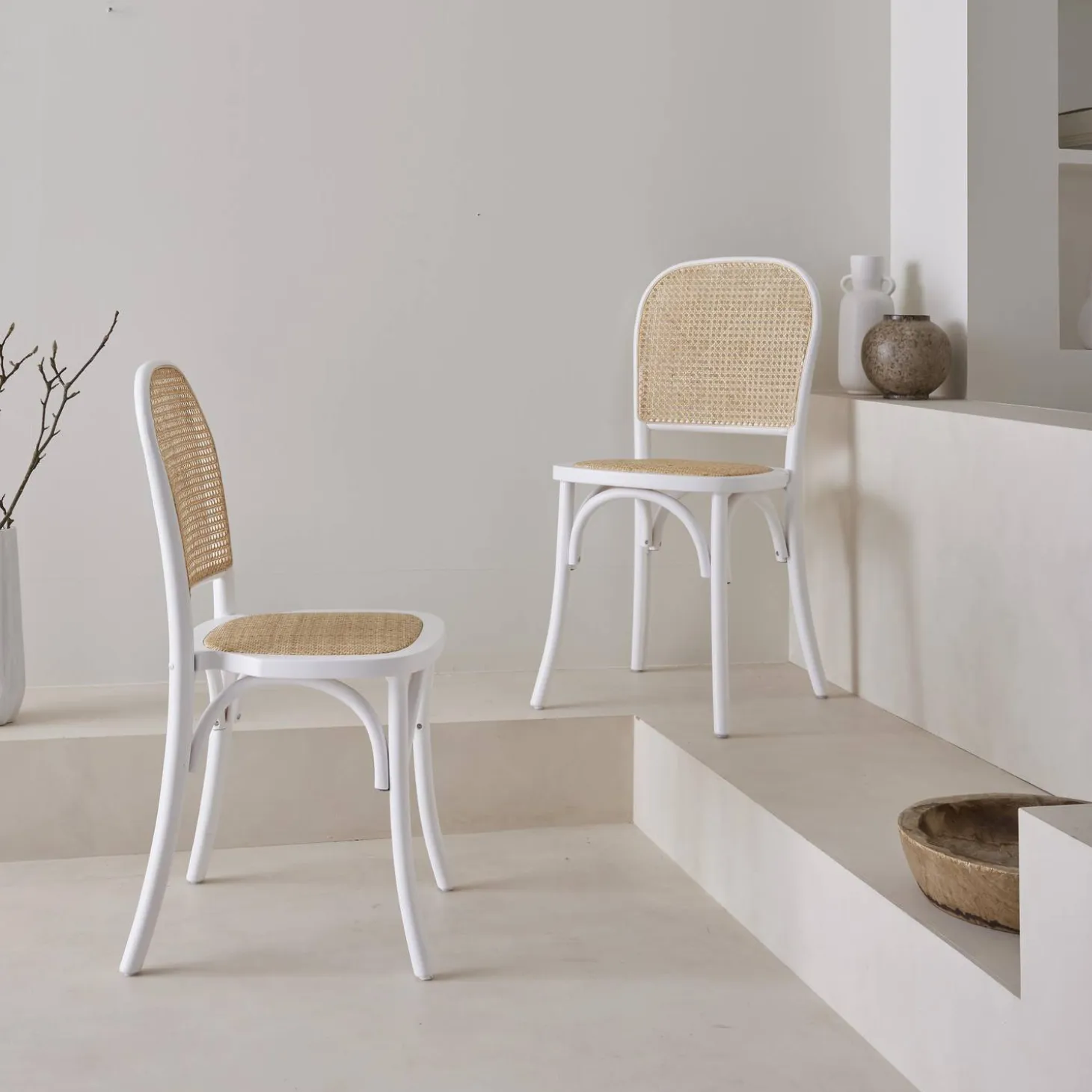 Houten en rotan vintage stoelen (set van 2)