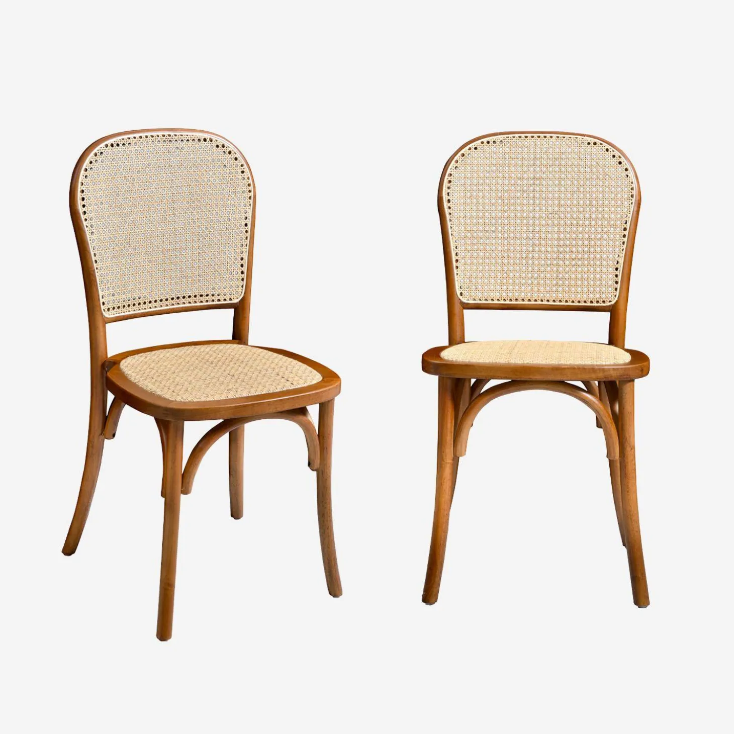 Houten en rotan vintage stoelen (set van 2)
