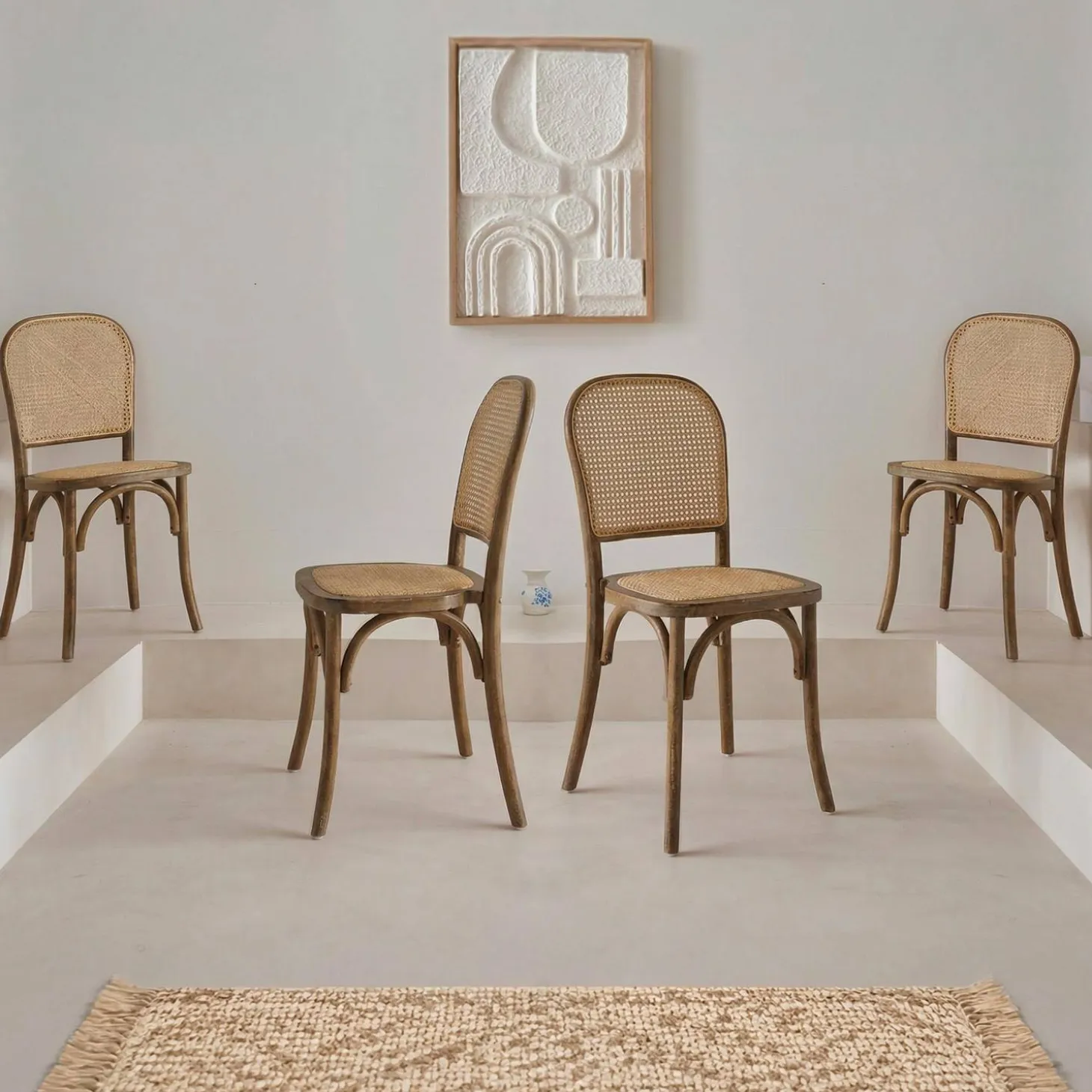 Houten en rotan vintage stoelen (set van 4)