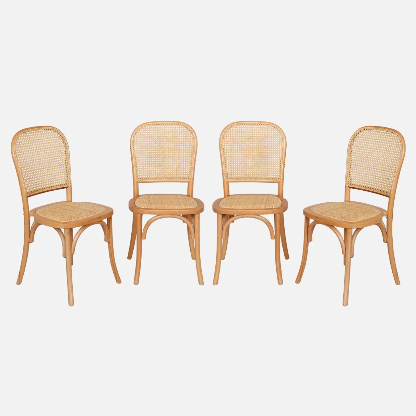 Houten en rotan vintage stoelen (set van 4)