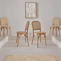 Houten en rotan vintage stoelen (set van 4)