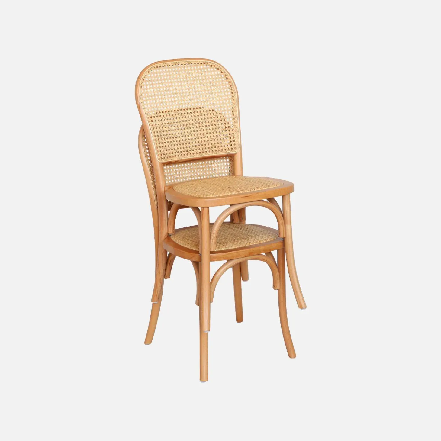 Houten en rotan vintage stoelen (set van 4)