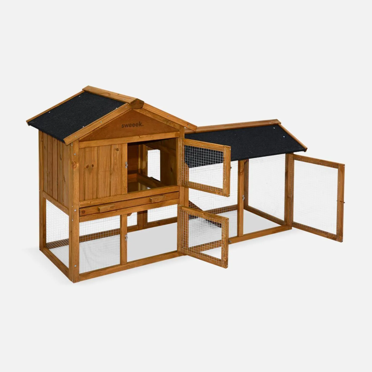 Houten konijnenhok met ren, voor 4 konijnen.