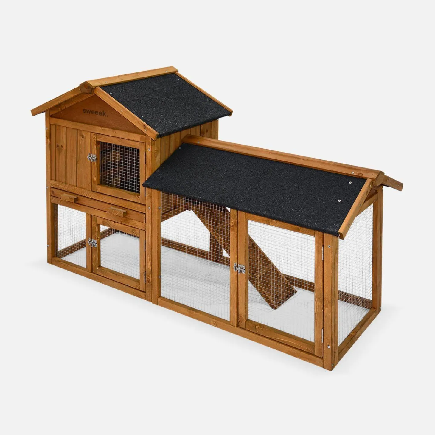Houten konijnenhok met ren, voor 4 konijnen.