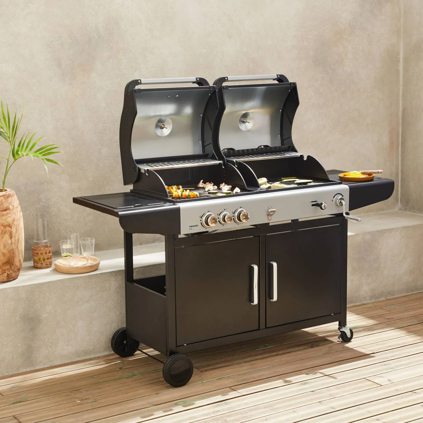 2-in-1 barbecue, gas en houtskool