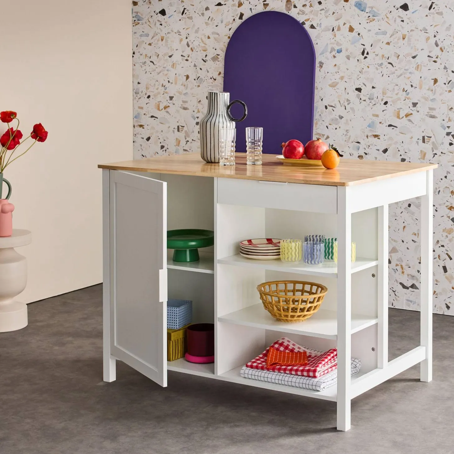 3-in-1 keukeneiland, 5 planken, 1 deur, 1 lade, 120cm