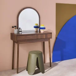 Kaptafel met hout decor, ronde spiegel, 2 lades, 90 cm.