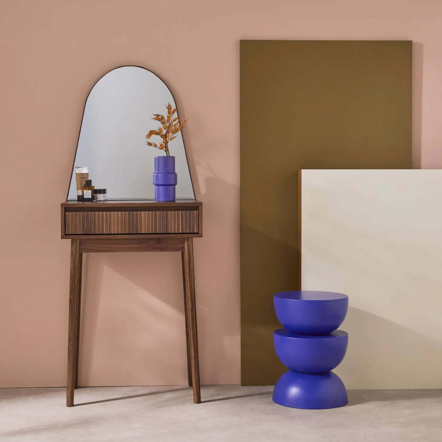 Kaptafel met hout decor, ronde spiegel 1 lade 60 cm
