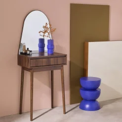 Kaptafel met hout decor, ronde spiegel 1 lade 60 cm