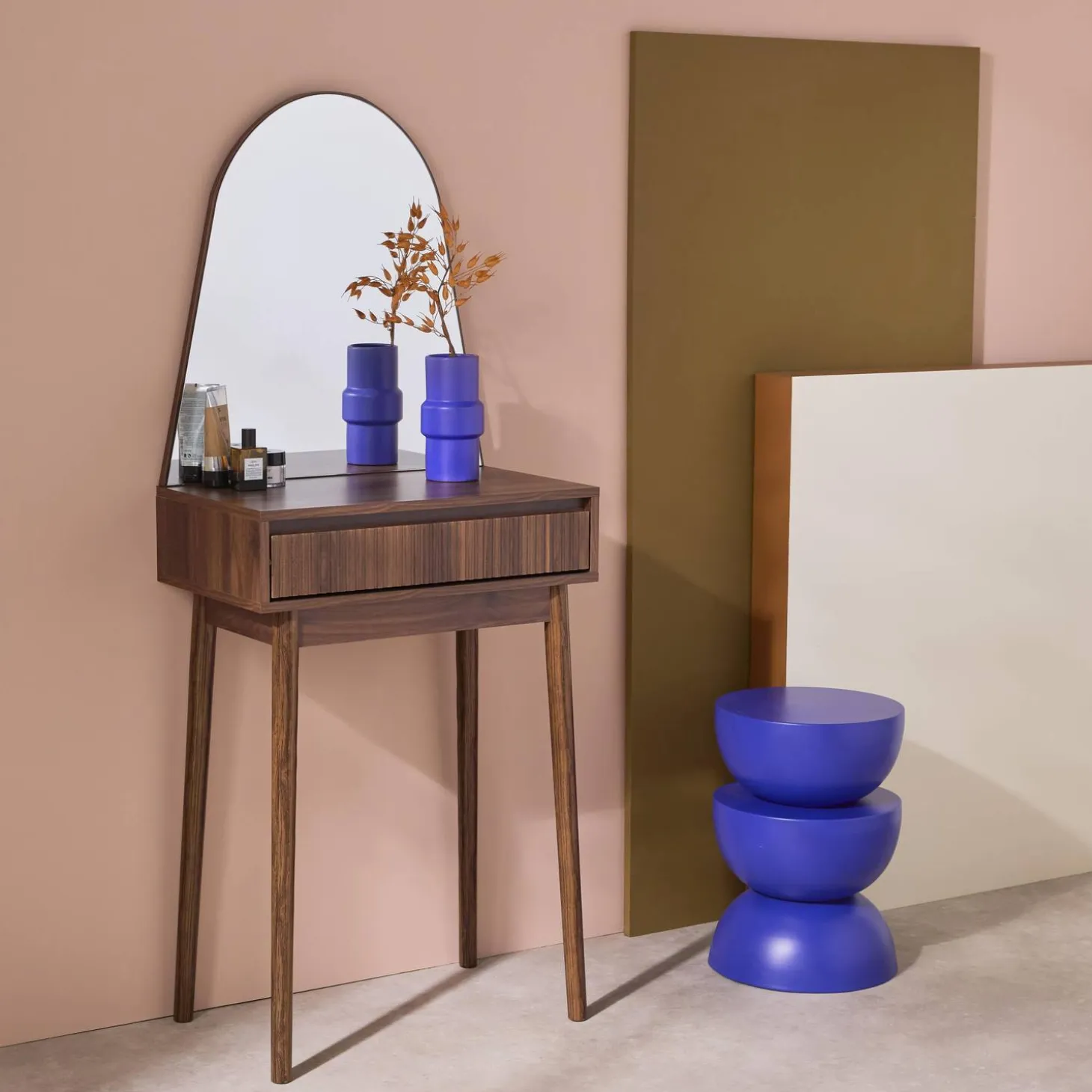 Kaptafel met hout decor, ronde spiegel 1 lade 60 cm